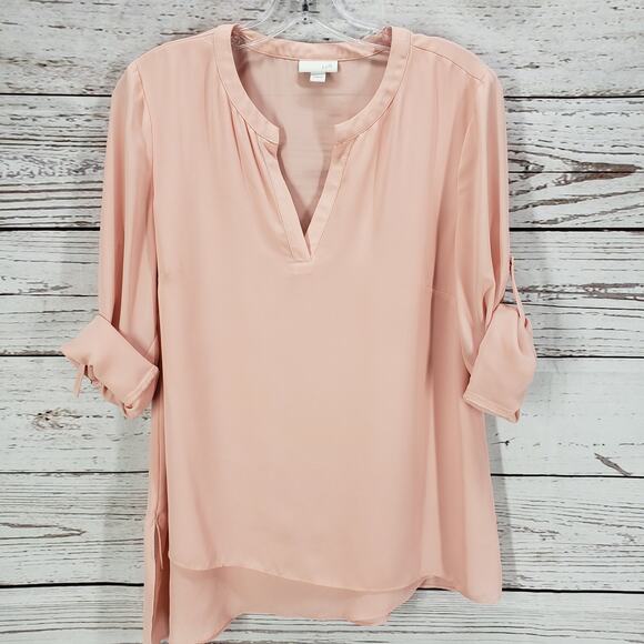 J.JILL Peach Pink V-Neck Roll Tab Sleeve Asymmetrical Hem Top Size Small - Picture 3 of 13